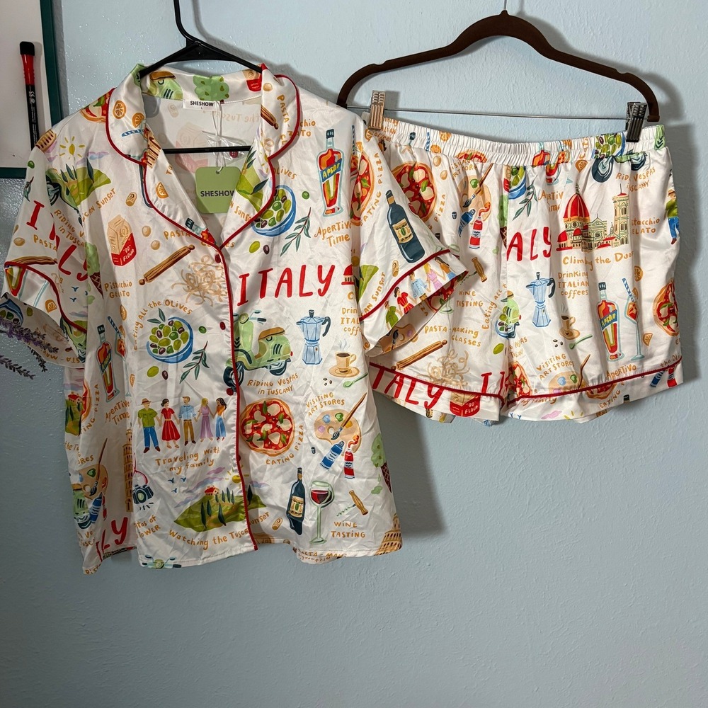 SHESHOW Italy Vacation Pajama Set Satin Short Sleeve L NWT Whimsical Novelty